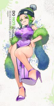 Rule 34 | 1girl, beanie, breasts, china dress, chinese clothes, commentary, dress, full body, fur shawl, green eyes, green hair, green hat, green shawl, hand on own hip, hat, high heels, highres, huge breasts, jinkoika, long hair, looking at viewer, nintendo, octoling, octoling girl, octoling player character, pelvic curtain, print hat, purple shoes, shawl, shoes, smile, solo, splatoon (series), tentacle hair, watermark, white background