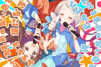 2girls blonde_hair blue_shirt blue_streaks blue_sweater bracelet brown_eyes brown_hair collared_shirt colored_eyelashes commentary_request earrings flipped_hair gakuen_idolmaster gradient_hair grey_hair hair_ornament hairclip highres holding holding_microphone idolmaster ito_31 jewelry kuramoto_china l_hand laurels leaf_hair_ornament long_hair looking_at_viewer michinaru_hirogaru_(idolmaster) microphone multicolored_hair multiple_girls open_collar open_mouth orange_eyes orange_shirt parallel_hairclips parted_bangs pointing pointing_at_viewer reaching reaching_towards_viewer rotational_symmetry shinosawa_hiro shirt smile streaked_hair stud_earrings sweat sweater upside-down