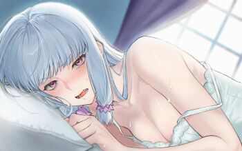 1girl agria_(tales) bare_shoulders blunt_bangs blush breasts camisole commission freckles hair_over_shoulder hair_rings highres indoors long_hair looking_at_viewer low-tied_sidelocks lying mms_l on_bed on_side open_mouth pillow pov pov_across_bed purple_eyes sidelocks small_breasts solo strap_slip sweat sweatdrop tales_of_(series) tales_of_xillia white_camisole white_hair window