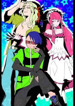 Rule 34 | 1girl, 2boys, ankle boots, aqua background, beard stubble, belt, belt buckle, black footwear, black gloves, black hairband, black pants, blonde hair, blue background, blue hair, blue pants, boots, buckle, cross-laced footwear, dress, elbow gloves, facial hair, feet out of frame, fingerless gloves, frilled hairband, frills, gloves, gradient background, green eyes, green jacket, green shirt, hairband, hand on own head, jacket, leggings, long hair, long sleeves, looking at viewer, medium hair, multiple boys, off-shoulder dress, off shoulder, on one knee, open clothes, open shirt, orange-tinted eyewear, pants, persona, persona 3, pink eyes, pink hair, sakaki takaya, shirato jin, shirt, short hair, short sleeves, smirk, standing, star (symbol), stubble, sunglasses, sunorsa, tinted eyewear, white belt, white dress, white leggings, yoshino chidori