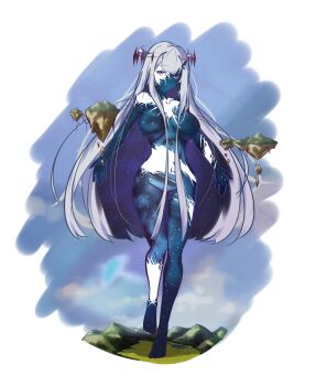 1girl absurdres barefoot blue_sky blunt_bangs breasts chinese_commentary cloud colored_skin commentary_request crown dirt feet floating_island giant giantess grass green_eyes highres lake large_breasts light_smile long_hair looking_to_the_side mountain multicolored_eyes navel no_nose nude nurara on_grass original outdoors purple_eyes raised_eyebrows sky solo starry_skin starry_sky_print thighs transparent_background two-tone_eyes very_long_hair water white_hair white_skin