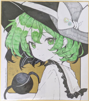 Rule 34 | 1girl, absurdres, black hat, bow, closed mouth, collared shirt, commentary request, double-parted bangs, frilled shirt collar, frills, green eyes, green hair, hair between eyes, hat, hat bow, highres, komeiji koishi, looking at viewer, marker (medium), portrait, re re merry, shikishi, shirt, short hair, smile, solo, third eye, touhou, traditional media, white bow