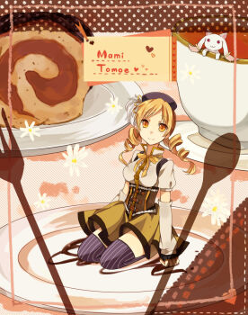 10s blonde_hair cake cup drill_hair eat fingerless_gloves food fork gloves hair_ornament hat heart kneeling kyubey magical_girl mahou_shoujo_madoka_magica mahou_shoujo_madoka_magica_(anime) spoon teacup thighhighs tomoe_mami tomoe_mami_(magical_girl) tomoyami yellow_eyes