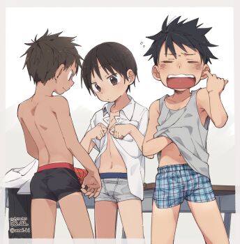 3boys ass back bad_id bad_twitter_id black_hair black_male_underwear blue_male_underwear boxer_briefs collared_shirt dated desk finger_in_ear grey_male_underwear highres inactive_account male_focus male_underwear multiple_boys navel open_clothes open_mouth open_shirt school_desk shirt short_hair shota simple_background tan tanline topless_male underwear undressing white_background white_shirt wool_bl yawning