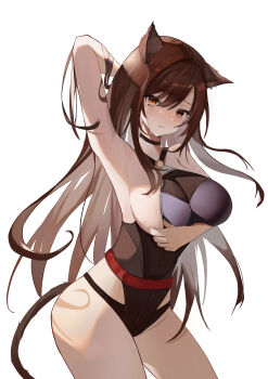 1girl absurdres animal_ears arknights arm_behind_head arm_up armpits black_choker black_one-piece_swimsuit breasts brown_eyes brown_hair cat_ears cat_girl cat_tail choker cleavage closed_mouth commentary_request cowboy_shot crying crying_with_eyes_open hai_binggan hair_between_eyes highres large_breasts long_hair looking_at_viewer one-piece_swimsuit simple_background skyfire_(arknights) solo swimsuit tail tears undressing white_background