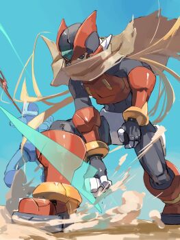 Rule 34 | 2boys, absurdres, armor, black eyes, blonde hair, commentary request, desert, energy sword, forehead jewel, helmet, highres, long hair, mega man (series), mega man zero (series), mega man zero 2, multiple boys, omochi (mochi skymega), pantheon (mega man), red armor, red helmet, sand, solo focus, standing, sword, weapon, z saber, zero(z) (mega man), zero (mega man)
