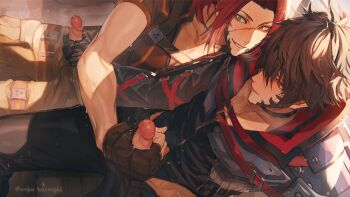 2boys brown_hair code_vein cum erection gloves handjob highres lying male_focus multiple_boys penis penis_grab red_eyes scar smile sweat tagme uncensored undressing weiss_(artist) yakumo_shinonome yaoi