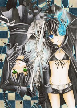 belt bikini bikini_top_only black_coat black_dress black_hair black_leggings black_rock_shooter black_rock_shooter_(character) black_shorts blue_eyes chain coat dead_master dress flaming_eye front-tie_bikini_top front-tie_top glowing glowing_eye green_eyes horns leggings long_hair midori_(993) no_shirt open_clothes open_coat scar scythe shorts skeletal_hand swimsuit traditional_media twintails