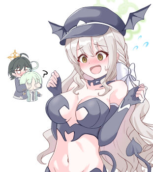 3girls ? ahoge alternate_costume bat_wings black_tail black_wings blue_archive blush bow braid breasts commentary_request demon demon_girl demon_horns demon_tail demon_wings embarrassed empty_eyes fuyu_(blue_archive) green_hair green_halo hair_bow hair_ribbon halo head_wings horns large_breasts long_hair long_sleeves miyo_(blue_archive) multiple_girls navel necktie nose_blush open_mouth ribbon ribbon_braid ritsu_(blue_archive) school_uniform short_hair stomach tail white_bow wings yasutarou yellow_eyes