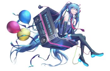 1girl absurdly_long_hair aqua_eyes aqua_hair arm_support balloon bare_shoulders black_skirt black_thighhighs blush boots cable commentary detached_sleeves dial female_focus floating floating_object gesoking grey_shirt hair_ornament hatsune_miku headphones long_hair looking_to_the_side machine necktie neon_trim push-button red_necktie shirt sitting skirt sleeveless sleeveless_shirt smile solo speaker square streamers thigh_boots thighhighs twintails very_long_hair vocaloid white_background zettai_ryouiki