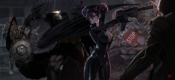 1girl 3boys absolute_batman absolute_dc armor bao_(pixiv_99415611) batman batman_(series) black_bodysuit black_hair black_mask_(batman) bodysuit breasts cape cleavage commentary crossover curvy dc_comics double_bun english_commentary goddess_of_victory:_nikke gun hair_bun highres holding holding_gun holding_weapon large_breasts mask mask_on_head mecha motion_blur multiple_boys outdoors punching quency_(escape_queen)_(nikke) quency_(nikke) road_sign robot shield sign skull_mask standing stop_sign trait_connection weapon wide_hips yellow_eyes