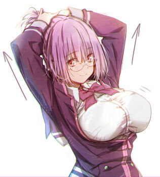 1girl arms_up bob_cut breasts buttons closed_mouth collared_shirt glasses gridman_universe hair_between_eyes highres jacket large_breasts looking_at_viewer medium_hair open_clothes open_jacket purple_jacket shinjou_akane shirt simple_background smile solo ssss.gridman ueda_metawo white_background white_shirt zipper_pull_tab