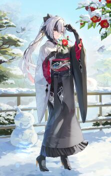 1girl absurdres alternate_costume alternate_hairstyle arlecchino_(genshin_impact) black_eyes black_hair black_hands black_kimono black_nails black_shoes closed_mouth colored_extremities commentary_request flower genshin_impact grey_hair hair_between_eyes high_heels highres holding holding_flower japanese_clothes kimono long_hair long_hair_between_eyes looking_at_viewer multicolored_hair new_year obi obijime outdoors pi_tayuko ponytail red_nails red_pupils sash shoes smile snow snowman solo streaked_hair symbol-shaped_pupils two-tone_kimono white_kimono x-shaped_pupils