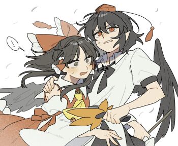 Rule 34 | 2girls, black hair, black wings, commentary request, detached sleeves, feathered wings, hakurei reimu, hand fan, hand on another's shoulder, hat, holding, holding fan, multiple girls, nontraditional miko, pointy ears, sakic43899, shameimaru aya, shirt, short hair, tokin hat, touhou, white shirt, wide sleeves, wings
