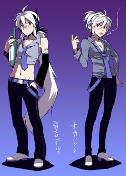 1boy 1girl ahoge bottle breasts caffein cigarette cleavage cosplay costume_switch detached_sleeves drinking genderswap genderswap_(ftm) headphones highres honne_dell long_hair medium_breasts nail_polish necktie ponytail red_eyes smoking translated utau vocaloid white_hair yowane_haku