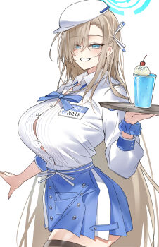 1girl absurdres asuna_(blue_archive) black_thighhighs blonde_hair blue_archive blue_bow blue_bowtie blue_eyes blue_halo blue_skirt bow bowtie breasts button_gap commentary cup drinking_glass food grin hair_over_one_eye hair_ribbon halo hat helandyck highres holding holding_tray ice_cream ice_cream_float korean_text large_breasts long_hair looking_at_viewer name_tag ribbon scrunchie shirt skirt smile solo thighhighs thighs tray very_long_hair white_hat white_shirt wrist_scrunchie