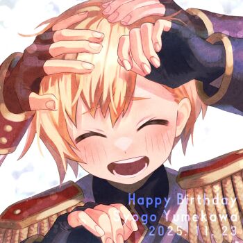 3boys :d ^_^ black_gloves blonde_hair character_name closed_eyes commentary_request dated epaulettes facing_viewer fingerless_gloves gloves hand_on_another&#039;s_head happy_birthday headpat highres idol_time_pripara long_sleeves male_focus mitaka_asahi multiple_boys nu_(null2_tour_with) open_mouth out_of_frame pretty_series pripara short_hair smile solo_focus takase_koyoi upper_body white_background yumekawa_shogo