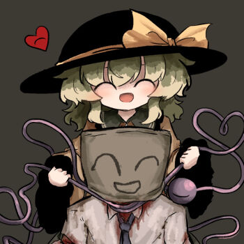 1boy 1girl ^_^ bag_over_head black_hat blood blood_on_clothes blush bow closed_eyes collared_shirt facing_viewer green_hair grey_necktie hat hat_bow heart heart_of_string heripantomorrow komeiji_koishi long_sleeves murder necktie open_mouth shirt smile strangling touhou upper_body white_shirt wide_sleeves yellow_bow