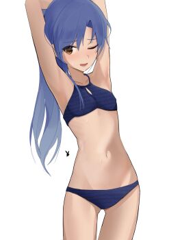 1girl absurdres arms_up artist_logo bikini blue_bikini blue_hair brown_eyes ch2haya_p commentary cowboy_shot flat_chest highres idolmaster idolmaster_(classic) kisaragi_chihaya logo long_hair navel one_eye_closed open_mouth ponytail simple_background solo standing swimsuit symbol-only_commentary white_background