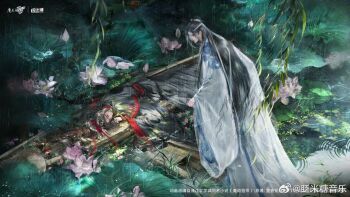 Rule 34 | 2boys, black hair, black hanfu, boat, bud, chinese clothes, chinese text, closed eyes, closed mouth, copyright name, flower, grass, hair ribbon, hanfu, headband, kcllzas163, lan wangji, leaf, lily pad, long hair, long sleeves, looking at another, lotus, lotus leaf, lying, male focus, modao zushi, multiple boys, official art, on back, on boat, on stomach, outdoors, petals, petals on liquid, pink flower, pond, ponytail, rain, red ribbon, red sash, ribbon, ripples, robe, sash, sidelocks, sleeping, smile, standing, topknot, tree, water, water drop, watercraft, watermark, wei wuxian, weibo watermark, wet, white hanfu, white headband, wide sleeves, willow, xiao guan (headdress), yaoi