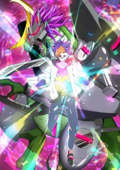 2boys armor artist_name black_shirt blonde_hair blue_hair claws clenched_hands commentary_request crescent cyborg digimon digimon_(creature) digimon_beatbreak full_body glasses glowing grid grid_background highres horns jacket lizard looking_at_viewer mechanical_arms mole mole_under_mouth monarchlizamon multicolored_hair multiple_boys neon_lights open_clothes open_jacket purple_eyes round_eyewear sharp_teeth shirt short_hair single_mechanical_arm sutunununu teeth tenma_tomoro twintails two-tone_hair white_jacket wireframe