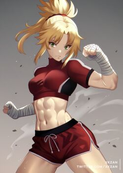 1girl abs alternate_costume angry armpits bandaged_arm bandages belly biceps blonde_hair breasts clenched_hand clenched_hands closed_mouth collarbone cowboy_shot crop_top curvy exercising eyelashes fate/apocrypha fate/grand_order fate_(series) green_eyes gym_shirt gym_uniform hair_ornament hair_scrunchie highres medium_breasts midriff mordred_(fate) mordred_(fate/apocrypha) multicolored_clothes muscular muscular_female narrow_waist navel parted_bangs ponytail punching red_scrunchie scrunchie shirt short_hair short_shorts shorts sidelocks simple_background solo sports_bra sportswear standing stomach sweat thick_thighs thighs toned twitter_username wide_hips xkzan