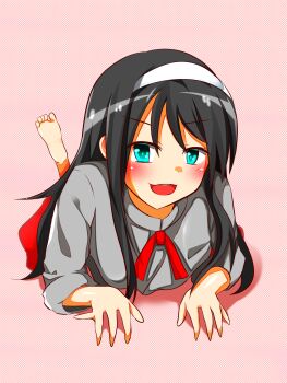 absurdres black_hair blue_eyes blush bow feet feet_up hairband highres inviting_viewer linglongtouzi long_hair looking_at_viewer open_mouth peaceful_smile pink_background ribbon skirt smile teeth tohno_akiha tsukihime upper_teeth_only white_hairband