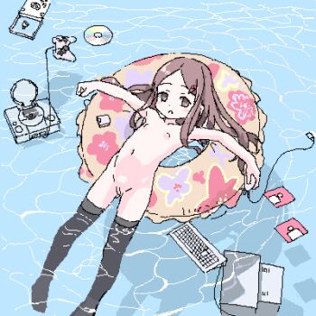 1girl afloat black_thighhighs brown_eyes brown_hair caustics cd_case cleft_of_venus commentary_request computer controller disc dualshock flat_chest floppy_disk from_above full_body game_console game_controller gamepad hair_ornament hairclip holding_computer_mouse computer_keyboard lokulo_no_mawashimono loli long_hair looking_at_viewer lowres computer_mouse nipples nude original outstretched_arms parted_bangs playstation_1 playstation_controller pussy reclining shadow solo spread_arms swim_ring thighhighs water