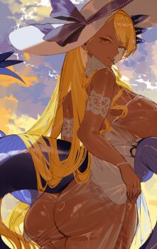 1girl ass back bare_shoulders blonde_hair blue_sky breasts chin_piercing dark-skinned_female dark_skin dragon_girl dragon_horns dragon_tail dress face_piercing facial_mark fate/grand_order fate_(series) grin hat highres hil199 horns large_breasts long_hair looking_at_viewer looking_back piercing see-through_clothes see-through_dress sky smile solo sun_hat swept_bangs tail thighs vritra_(fate) white_dress white_hat yellow_eyes