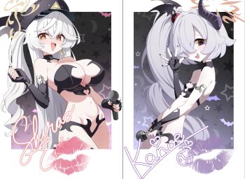 Rule 34 | 2girls, :d, arm garter, arm up, bat hair ornament, blue archive, breasts, brown halo, character signature, covered erect nipples, demon horns, detached collar, earrings, elbow gloves, eri (blue archive), facing to the side, gloves, grey hair, hair bobbles, hair ornament, halo, hashtag-only commentary, hat, highres, holding, holding microphone, horns, jewelry, kanoe (blue archive), kiss, large breasts, long hair, looking at viewer, microphone, multicolored eyes, multiple girls, navel, od sey, official alternate costume, one eye covered, open mouth, panties, patterned background, side ponytail, single earring, single elbow glove, small breasts, smile, two-tone eyes, underwear, waving, white hair, yellow halo