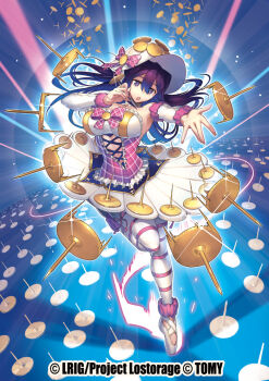 1girl copyright_notice dress hat ishibashi_yosuke long_hair looking_at_viewer official_art open_mouth outstretched_arm pantyhose pink_pantyhose purple_eyes purple_hair shpin_(wixoss) solo striped_clothes striped_pantyhose white_dress white_hat white_pantyhose wixoss