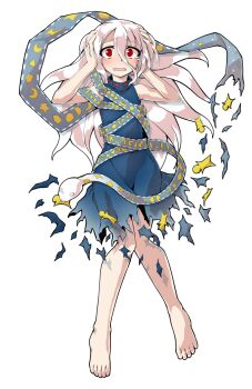 1girl alphes_(style) barefoot blue_dress blush commentary_request crescent dairi dress eye_of_providence fossilized_wonders full_body grey_hair hair_between_eyes hands_up large_variant_set long_hair long_hair_between_eyes parody play_button ribbon_around_body sleeveless sleeveless_dress snake solo star_(symbol) style_parody tachi-e torn_clothes torn_dress touhou triangle variant_set yuiman_asama