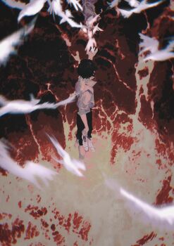 2boys barefoot bird black_hair black_pants blurry chromatic_aberration collared_shirt depth_of_field feathers highres holding holding_shoes holding_unworn_clothes ikari_shinji male_focus multiple_boys nagisa_kaworu neon_genesis_evangelion ocean out_of_frame pants reaching reaching_towards_another red_theme shirt shoes short_hair unworn_shoes white_feathers white_shirt zhiwukafuka