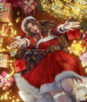 1girl 3d aerith_gainsborough arms_up artist_name bare_shoulders belt bow bow_choker box brown_belt brown_hair choker christmas_tree commentary detached_sleeves dress dutch_angle emy-san english_commentary feet_out_of_frame final_fantasy final_fantasy_vii final_fantasy_vii_remake fur-trimmed_dress fur-trimmed_headwear fur_trim gift gift_box green_eyes hair_spread_out happy hat head_tilt highres knee_up long_hair looking_at_viewer lying medium_dress on_back on_floor parted_bangs patreon_username reaching reaching_towards_viewer red_dress red_hat red_lips red_nails red_sleeves santa_costume santa_dress santa_hat smile solo star_(symbol) strapless strapless_dress teeth thighhighs twitter_username upper_teeth_only white_thighhighs wooden_floor