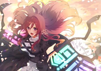 1girl :d absurdres black_dress blonde_hair blush breasts commentary_request cowboy_shot cross-laced_clothes cross-laced_dress dated dress floating_hair flower frilled_sleeves frills gradient_hair highres hijiri_byakuren holding large_breasts layered_dress lily_pad long_hair long_sleeves looking_at_viewer lotus multicolored_hair open_mouth pink_flower purple_hair smile solo sorcerer's_sutra_scroll tateworyyyyyy touhou white_dress yellow_background