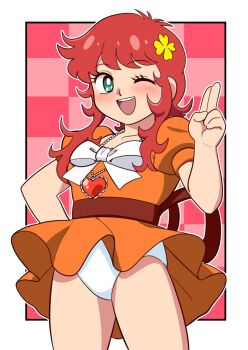 1girl blush bow breasts brown_ribbon checkered_background collarbone dress flower green_eyes hair_flower hair_ornament hand_on_own_hip heart heart_necklace highres jewelry kanzaki_megu looking_at_viewer magical_girl majokko_megu-chan necklace one_eye_closed open_mouth orange_dress panties pink_background puffy_sleeves red_hair ribbon short_hair short_sleeves sidelocks small_breasts smile standing teeth underwear v waist_ribbon white_bow white_panties wind wind_lift wink yellow_flower yume_yoroi