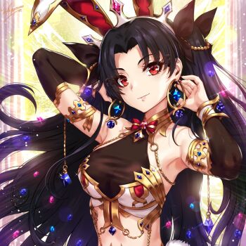 1girl armlet armpits bare_shoulders black_hair bow breasts chain cleavage crop_top crystal detached_sleeves earrings fate/grand_order fate_(series) gem gold hair_ornament hair_ribbon hoop_earrings ishtar_(fate) jewelry long_hair looking_at_viewer medium_breasts midriff red_eyes red_nails ribbon ring sakiyamama see-through_clothes see-through_shirt shirt smile tiara two_side_up very_long_hair