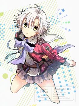 Rule 34 | 1girl, ahoge, bow, bowtie, clothes lift, curtained hair, eiyuu densetsu, english text, fie claussell, green eyes, jacket, parted bangs, purple bow, purple bowtie, satsuki (chaosmode), school uniform, sen no kiseki (series), sen no kiseki i, short hair, skirt, skirt lift, solo, watermark, white hair