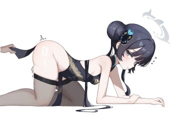 1girl 1other :t absurdres adapted_costume all_fours armpit_crease ass bare_arms bare_shoulders black_dress black_hair blue_archive blunt_bangs blush braid breasts brown_thighhighs bun_with_braided_base butterfly_hair_ornament china_dress chinese_clothes closed_mouth clothes_lift commentary dragon_print dress dress_lift eyelashes feet_out_of_frame flying_sweatdrops from_side grey_eyes grey_halo hair_bun hair_ornament hair_spread_out halo highres kisaki_(blue_archive) lifting_another&#039;s_clothes loli long_hair looking_at_viewer no_panties pelvic_curtain pout print_dress sideboob sidelocks simple_background skindentation sleeveless sleeveless_dress small_breasts thighhighs thighs twintails twitching very_long_hair white_background xiaoxiaoyifan