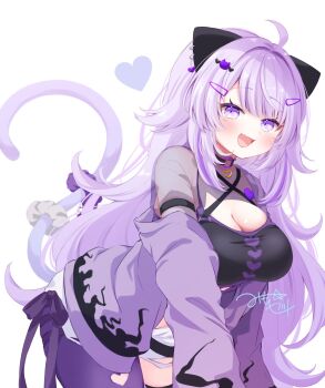 1girl :d ahoge animal_ears armband blush breasts cat_ears cat_girl cat_tail cleavage hair_ornament hairclip heart highres hololive jacket large_breasts long_hair long_sleeves looking_at_viewer mimori_(mim0_ri) nekomata_okayu nekomata_okayu_(personya_respect) off_shoulder open_mouth pantyhose purple_eyes purple_hair purple_jacket purple_pantyhose see-through_clothes signature simple_background single_leg_pantyhose smile solo tail virtual_youtuber white_background