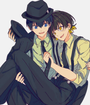 2boys alternate_costume bachira_meguru black_hair black_necktie black_pants blonde_hair blue_eyes blue_hair blue_lock carrying clothes_grab collared_shirt commentary_request eye_contact hat highres isagi_yoichi looking_at_another male_focus mma_runn multicolored_hair multiple_boys necktie neckwear_grab pants princess_carry shirt shirt_tucked_in short_hair simple_background streaked_hair suspenders two-tone_hair white_background white_shirt yaoi yellow_eyes