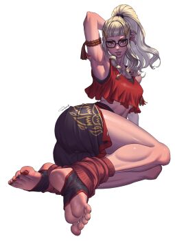 1girl armpits arms_up ass black-framed_eyewear black_shorts blonde_hair breasts fatal_fury fatal_fury:_city_of_the_wolves feet fingerless_gloves full_body glasses gloves hair_ornament highres long_hair lying midriff ponytail preecha_(fatal_fury) shorts simple_background smile solo superbull white_background