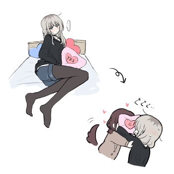 ... 2girls black_choker black_pantyhose black_sweater blue_shorts blush brown_hair choker closed_mouth commentary_request dog_tail girls_band_cry grey_hair heart highres iseri_nina kawaragi_momoka lemoontya long_hair multicolored_hair multiple_girls on_bed pantyhose pillow roots_(hair) short_twintails shorts spoken_ellipsis sweater tail twintails yes yes-no_pillow yuri