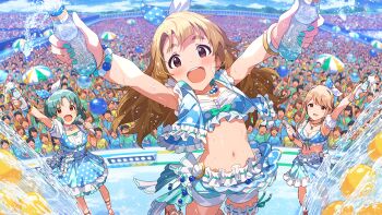 3girls :d aqua_nails arms_up blue_shorts blue_vest bottle bracelet breasts brown_hair card_commentary commentary_request concert fingernails frilled_thigh_strap frilled_vest frills game_asset holding holding_bottle idol idolmaster idolmaster_million_live! idolmaster_million_live!_theater_days jewelry jumping long_hair miyao_miya multiple_bracelets multiple_girls my_pace_unit_(idolmaster) nail_polish navel official_alternate_costume official_art open_mouth purple_eyes shorts smile standing tenkuubashi_tomoka thick_eyebrows thigh_strap third-party_source tokugawa_matsuri vest water