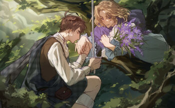 2boys aged_down ahoge axis_powers_hetalia blonde_hair bouquet brown_hair closed_eyes flower france_(hetalia) highres holding holding_bouquet holding_sword holding_weapon in_tree krank327 long_sleeves male_focus medium_hair multiple_boys purple_eyes scotland scotland_(hetalia) shirt short_hair sword thick_eyebrows tree vest weapon