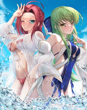 2girls :d absurdres ahoge aqua_eyes arm_at_side arm_up armpit_crease artoria_caster_(fate) artoria_caster_(swimsuit)_(fate) artoria_caster_(swimsuit)_(fate)_(cosplay) artoria_caster_(swimsuit)_(third_ascension)_(fate) artoria_caster_(swimsuit)_(third_ascension)_(fate)_(cosplay) artoria_caster_(swimsuit_berserker)_(third_ascension)_(fate) artoria_pendragon_(fate) back-to-back backless_swimsuit bare_shoulders bikini blue_bow blue_one-piece_swimsuit blue_ribbon blue_sky blush bow breasts budgiepon c.c. cleavage code_geass commentary_request cosplay covered_navel cowboy_shot crossed_bangs curvy day eyelashes eyes_visible_through_hair fate/grand_order fate_(series) flower green_hair grin hair_between_eyes hair_bow hair_intakes hand_up happy highres kouzuki_kallen large_breasts lips long_hair long_sleeves looking_at_viewer medium_hair multiple_girls navel neck_ribbon nero_claudius_(fate) nero_claudius_(swimsuit_caster)_(fate) nero_claudius_(swimsuit_caster)_(fate)_(cosplay) nero_claudius_(swimsuit_caster)_(third_ascension)_(fate) nose one-piece_swimsuit one_eye_closed open_clothes open_mouth open_shirt outdoors parted_lips red_bikini red_hair ribbon rose see-through_clothes see-through_shirt shading_eyes shirt sidelocks sky smile standing stomach straight_hair swimsuit very_long_hair water water_drop white_flower white_ribbon white_rose white_shirt yellow_eyes