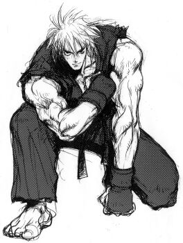 Rule 34 | 1boy, bare shoulders, barefoot, dougi, fingerless gloves, forked eyebrows, full body, game cg, gloves, greyscale, hand on ground, highres, ken masters, kneeling, looking at viewer, martial arts belt, mma gloves, monochrome, muscular, nishimura kinu, non-web source, official art, simple background, smile, solo, street fighter, street fighter ii (series), torn clothes, torn sleeves, veins, veiny arms, white background