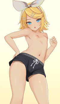 1girl :o aruman black_shorts blonde_hair blue_eyes bow breasts commentary contrapposto cowboy_shot from_below gradient_background hair_bow hair_ornament hairband hairclip hand_on_own_thigh hand_up highres kagamine_rin looking_at_viewer looking_down navel nipples paid_reward_available shorts simple_background small_breasts swept_bangs topless_female upshorts variant_set vocaloid white_bow yellow_background yellow_nails
