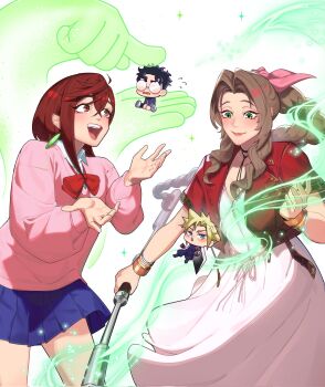 2boys 2girls aerith_gainsborough ahoge aqua_eyes arm_belt armor ayase_momo baggy_pants black_boots black_gloves black_hair black_jacket black_pants blonde_hair blue_pants blue_shirt blue_skirt blush boots bow bowtie bracelet braid braided_ponytail brown_eyes brown_hair buster_sword chibi choker closed_mouth cloud_strife collared_shirt cowboy_shot crossed_bangs dandadan dress dress_bow earrings final_fantasy final_fantasy_vii final_fantasy_vii_rebirth final_fantasy_vii_remake finger_on_another's_head floating flower_choker flying_sweatdrops glasses gloves gold_bangle gold_buttons green_eyes hair_between_eyes hair_ribbon highres holding holding_staff in_palm jacket jewelry lifestream long_dress long_hair long_sleeves looking_at_another materia medium_hair multiple_boys multiple_bracelets multiple_girls opaque_glasses open_mouth pants parted_bangs parted_lips pauldrons pink_dress pink_ribbon pink_sweater pleated_skirt puffy_long_sleeves puffy_sleeves red_bow red_bowtie red_eyes red_jacket ribbon round_eyewear school_uniform shirt shirt_under_sweater shoes short_hair shoulder_armor sidelocks silver_bangle single_braid single_pauldron sitting size_difference skirt smile sparkle spiked_hair staff sweater sword sword_on_back takakura_ken_(dandadan) teeth telekinesis trait_connection upper_teeth_only wavy_mouth weapon weapon_on_back white_background white_shirt white_shoes yuqi_non