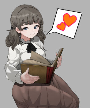1girl absurdres ascot black_ascot blue_eyes book brown_hair closed_mouth commentary_request face_piercing fear_&amp;_hunger_(series) fear_&amp;_hunger_2:_termina frilled_shirt_collar frills grey_background heart highres holding holding_book long_sleeves marina_(fear_&amp;_hunger) medium_hair minami_no_uo-za mouth_piercing open_book piercing pink_skirt reading shirt simple_background sitting skirt smile solo spoken_heart white_shirt